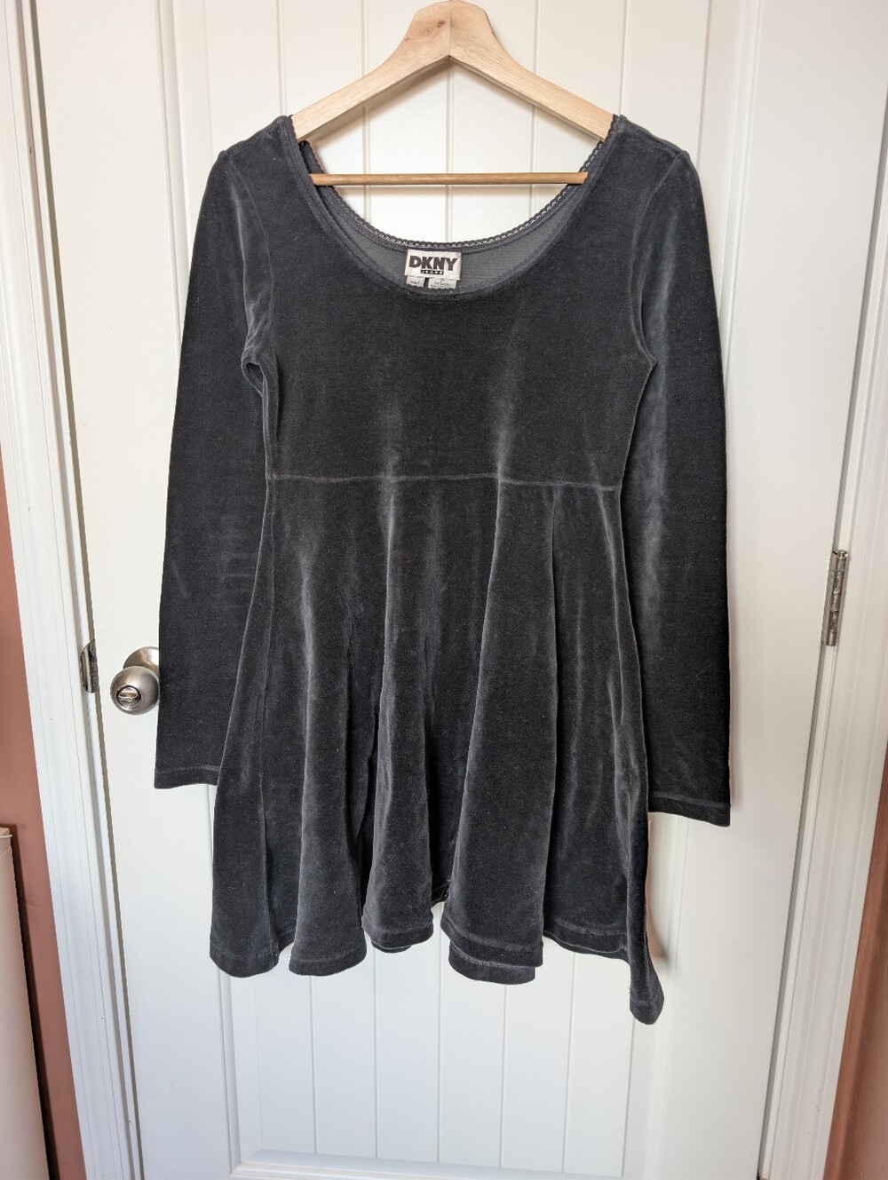 Vintage DKNY Jeans Velvet Long Sleeve Mini Dress Petite Black